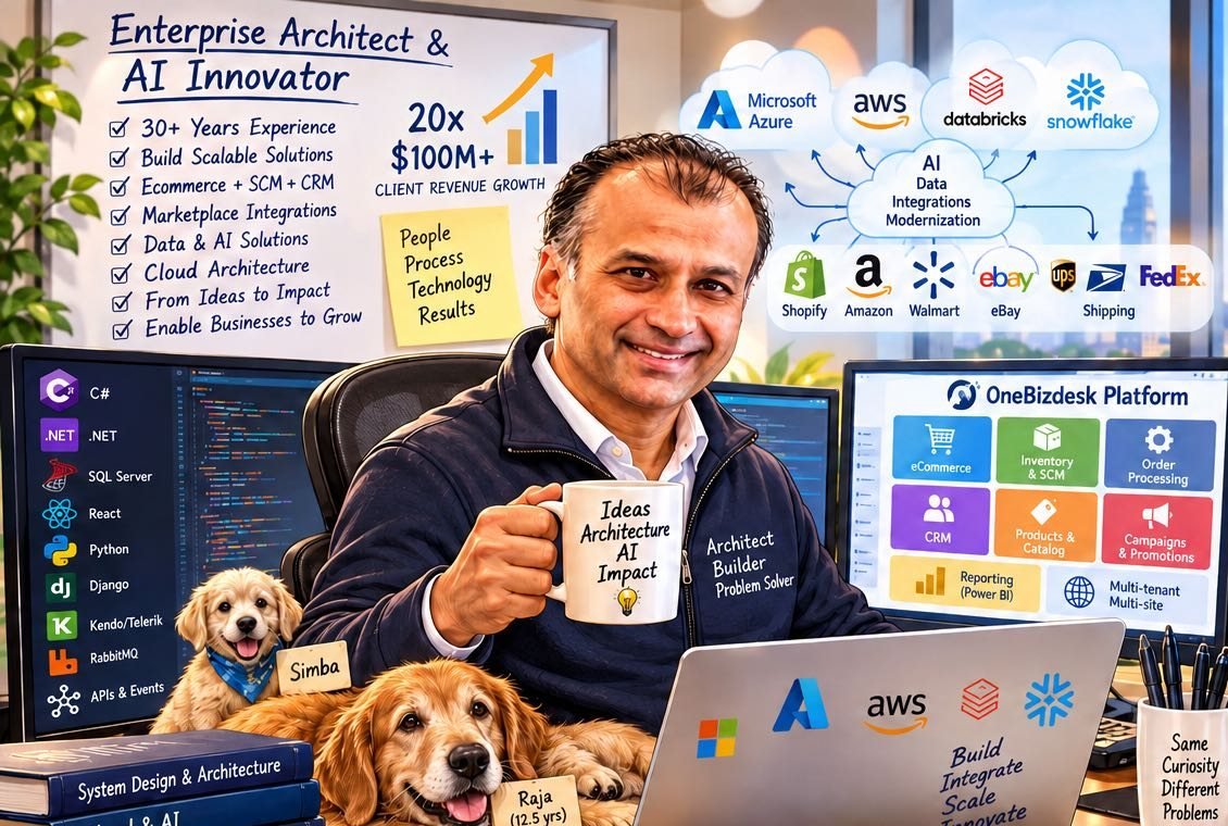 Illustration of Lalit Agrawal at his desk, with his whiteboard of capabilities and the systems he designs